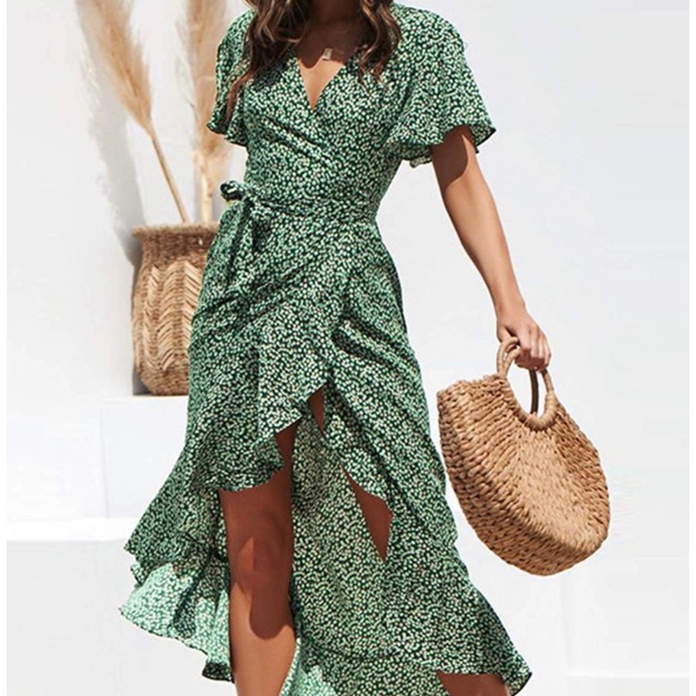 Maxi wrap dress V neck polka dot
